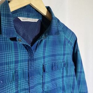 Woolrich Womens M‎ Teal Plaid Vented Snap Button Long Sleeve Shirt Double Breast